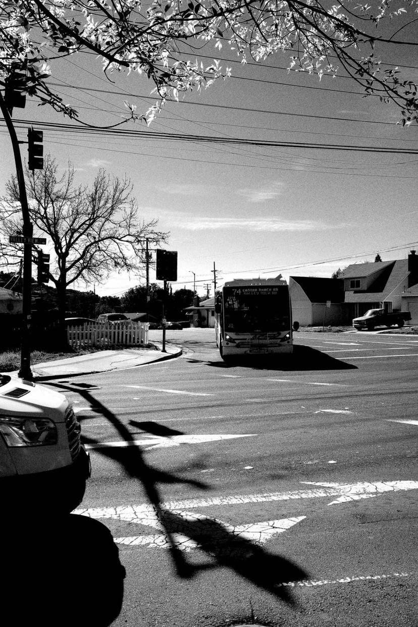 Bus rounding street corner